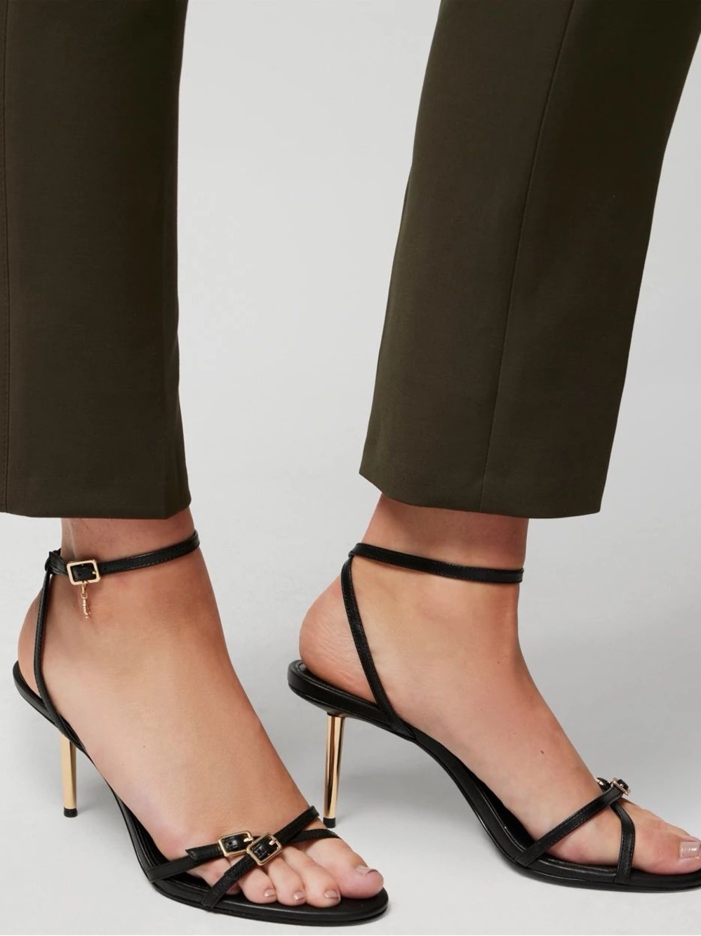 White House Black Market Black Strappy Stiletto Sandals with Gold Heel